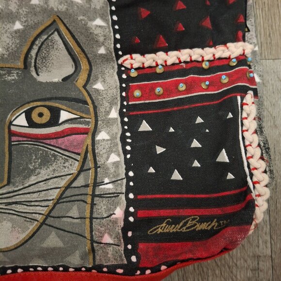 Laurel Burch Red Cotton Cat Face Tote Bag With Triangular Patterns Braided - Picture 3 of 6